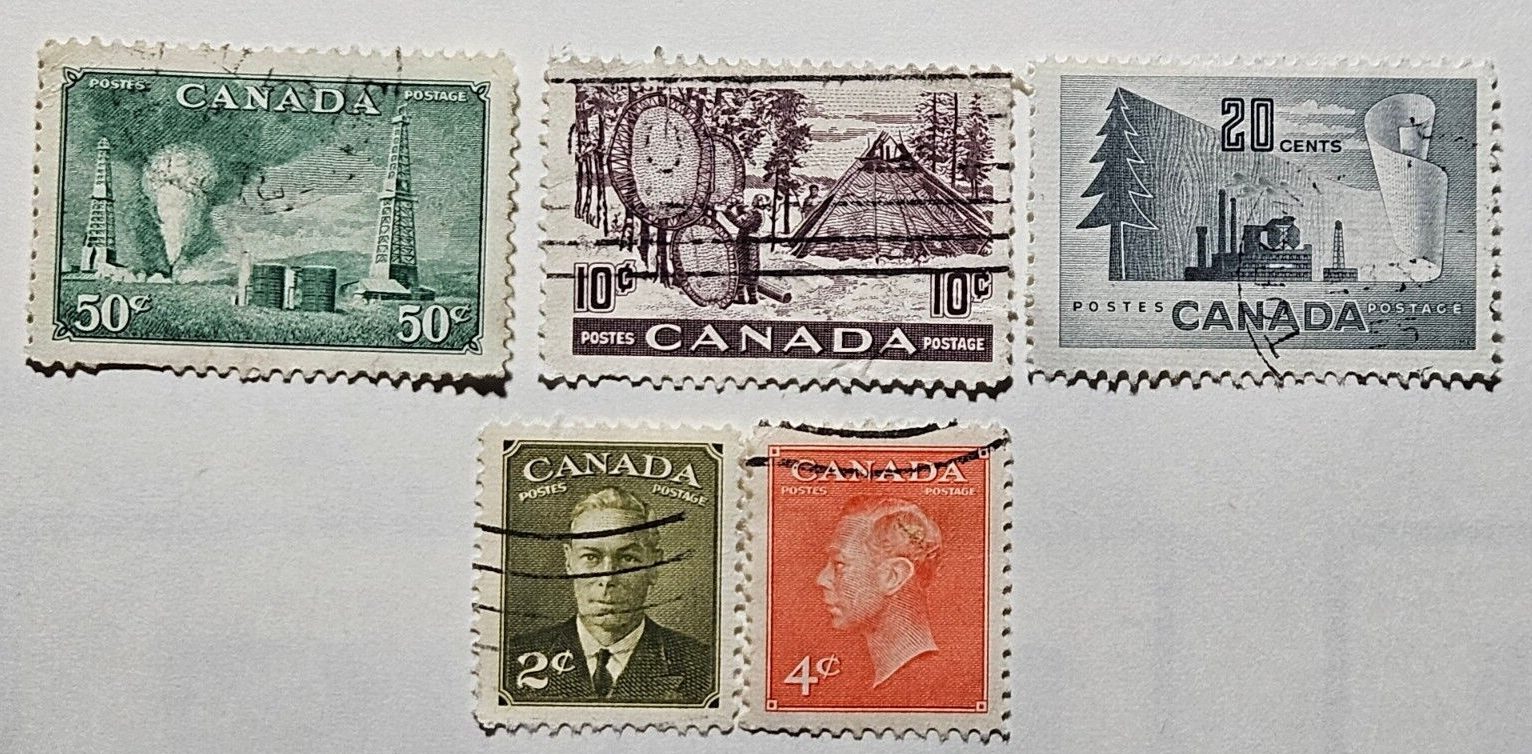 Stamp Canada 1950-52 Oil, Fur, Paper, King George VI #285, 287, 294, 301, 316
