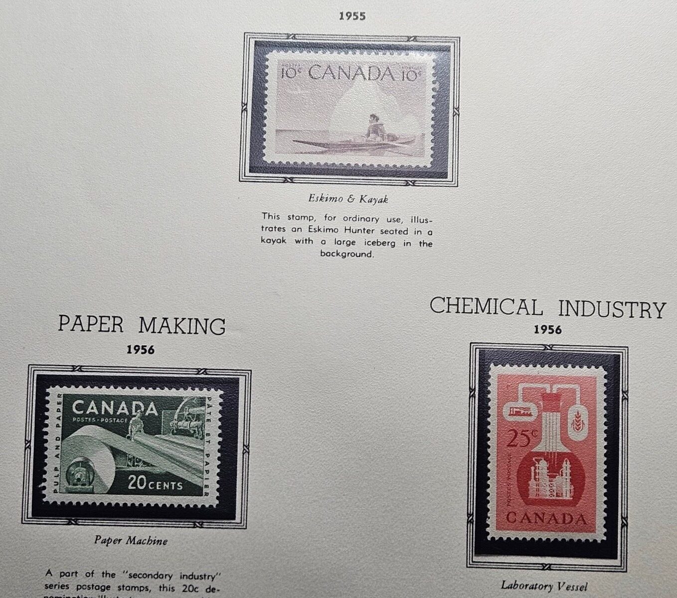 Stamp Canada 1955-56 Eskimo, Paper, Chemicals #351, 362, 363 MNH