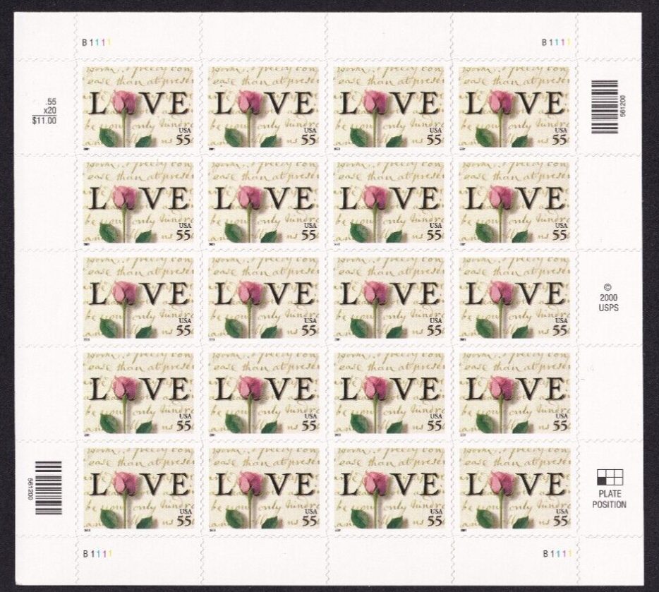 Scott #3499 Abigail Adams Love Letter (Rose) Sheet of 20 55¢ Stamps - MNH PC#2