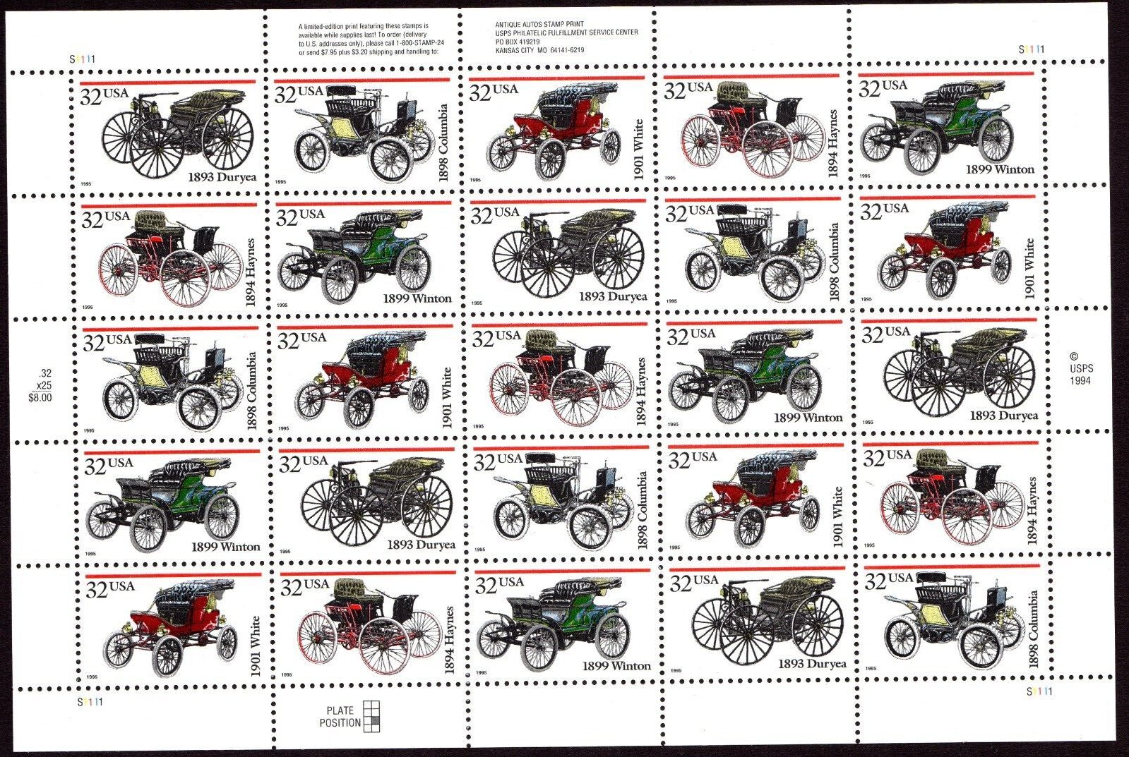 Scott #3023a (3019-23) Antique Automobiles Full Sheet of 25 Stamps - MNH