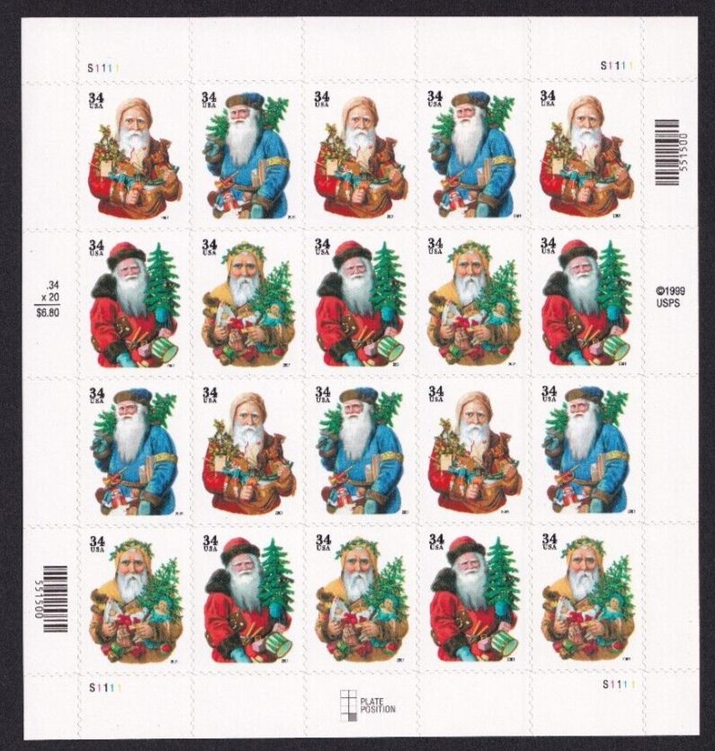 Scott #3540b (3537-3540) Santa Claus and Tree Sheet Of 20 Stamps - MNH