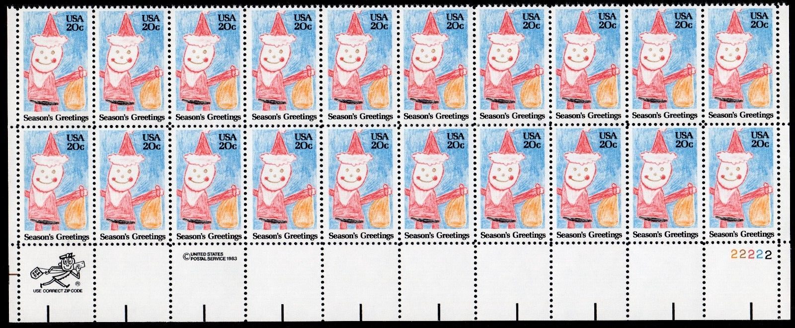 Scott #2108 Kid's Santa Plate Block of 20 Stamps - MNH