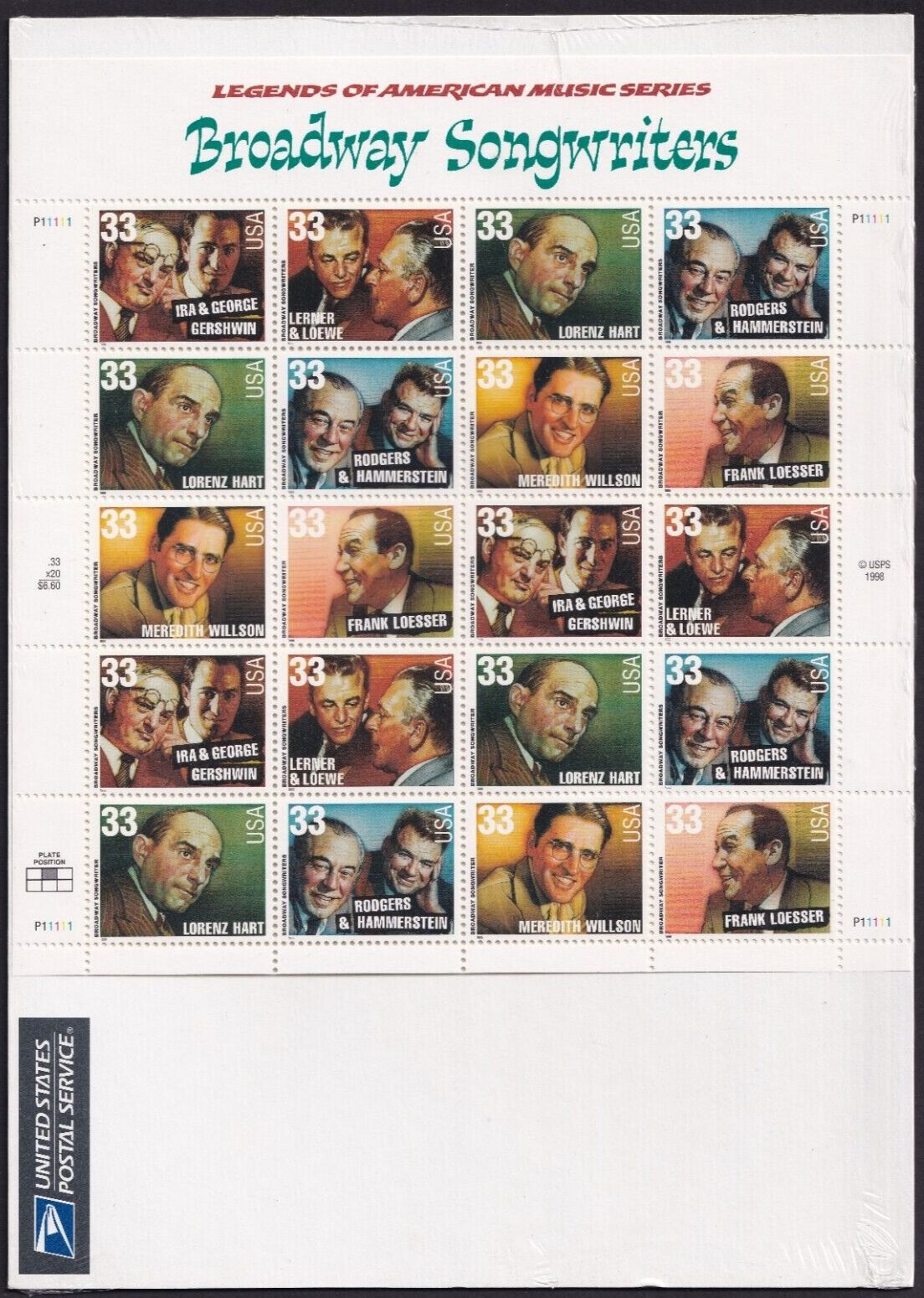 Scott #3350a (3345-50) Broadway Songwriters Sheet of 20 Stamps - Sealed White
