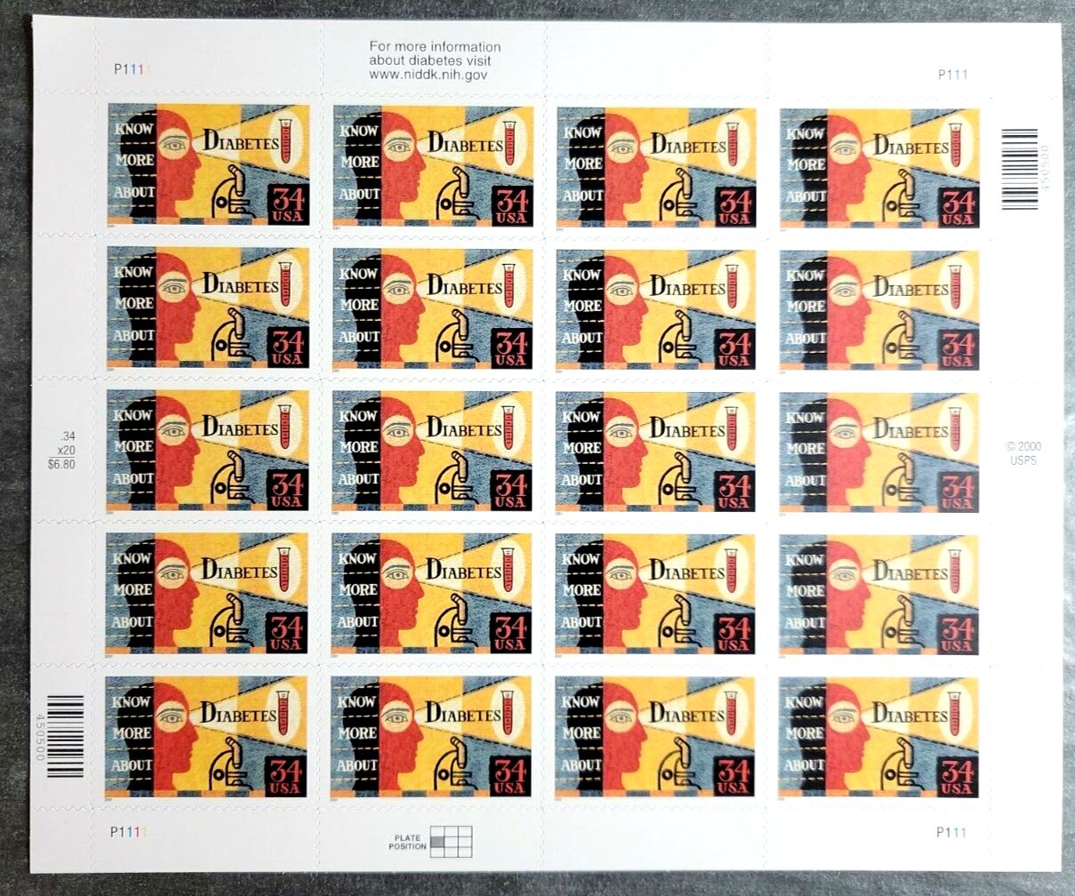 Scott #3503 Diabetes Full Sheet of 20 Stamps - MNH