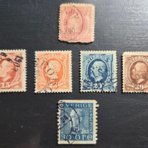 Stamp Sweden 1885 & 1891-96 King Oscar II 1923 King Gustav #45, 59-62, 178 used