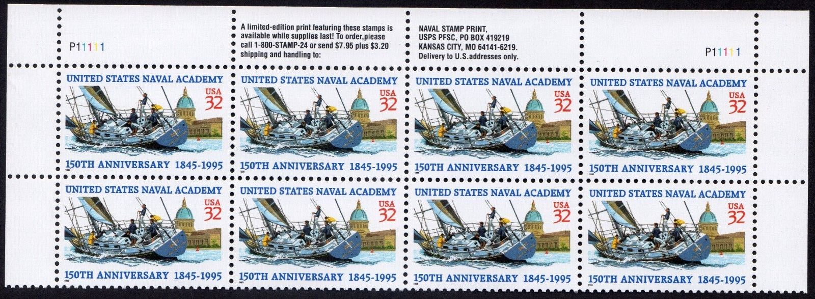 Scott #3001 Naval Academy Half Sheet of 8 Stamps - MNH (Top)