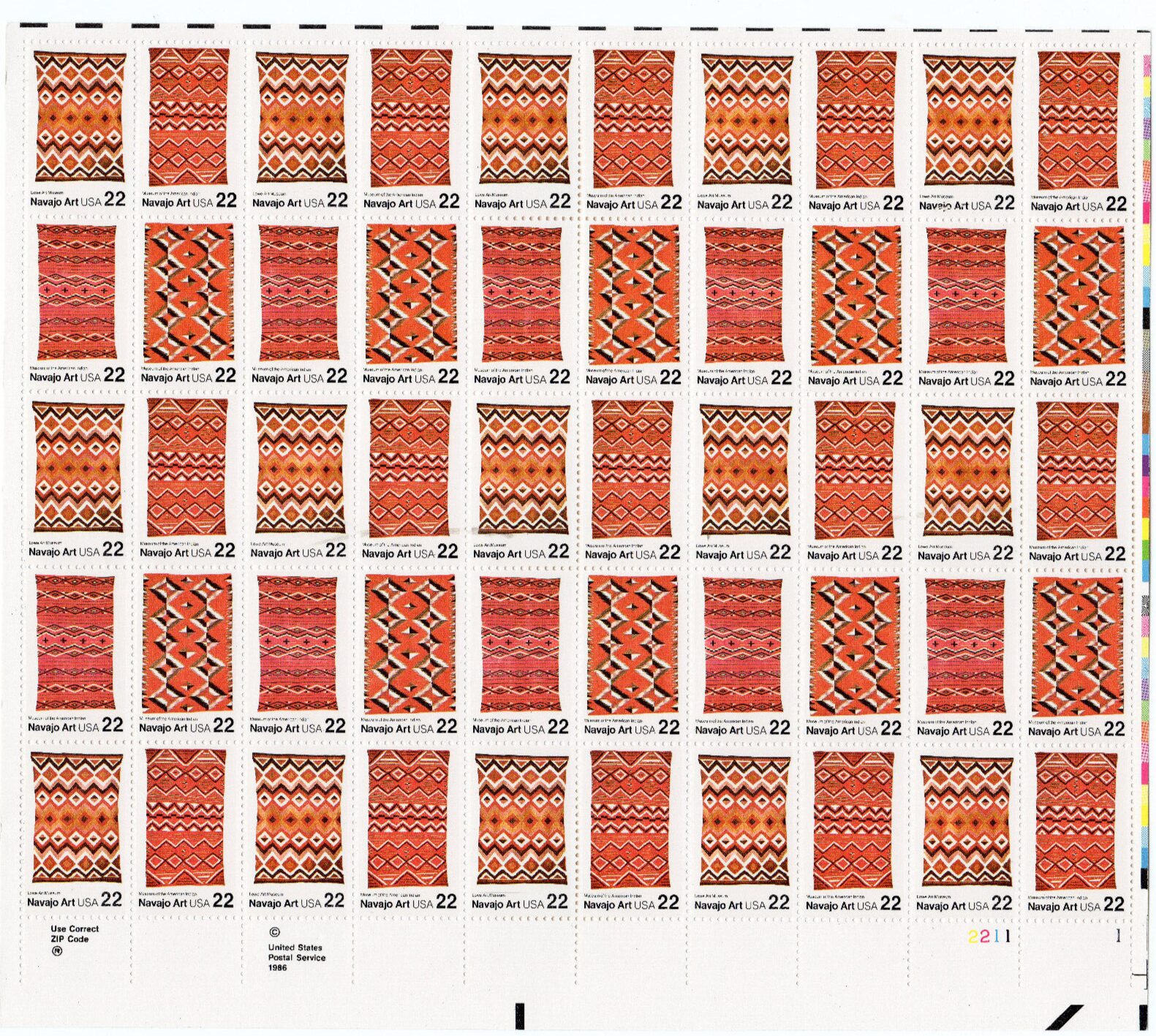 Scott #2238b (2235-38) Navajo Art (Folk Series) 22¢ Sheet of 50 Stamps - MNH