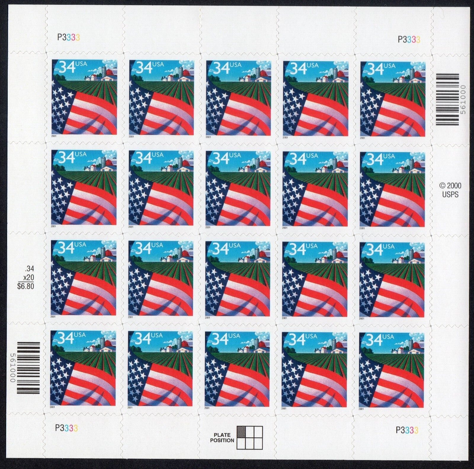 Scott #3470 Flag Over Farm Sheet Of 20 Stamps - MNH P#P3333