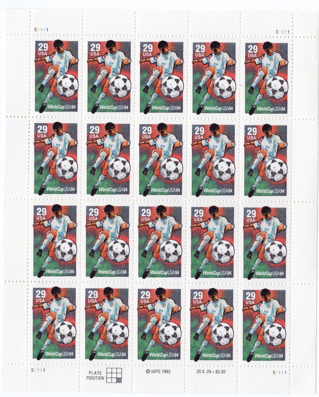 Scott #2834 World Cup Soccer 29c Sheet of 20 Stamps - MNH