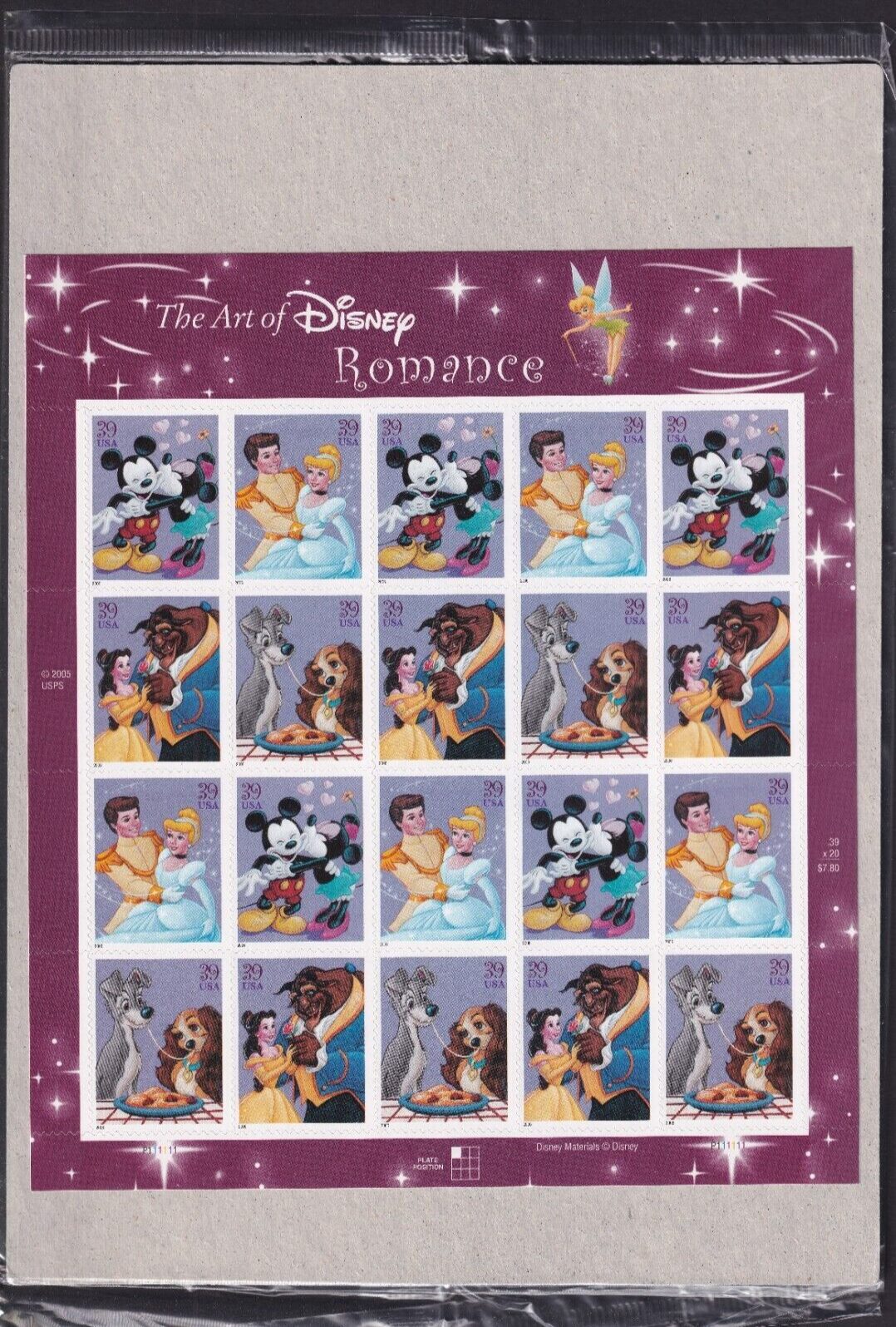 Scott #4028a (4025-28) Disney Romance Sheet of 20 Stamps - Sealed Brown