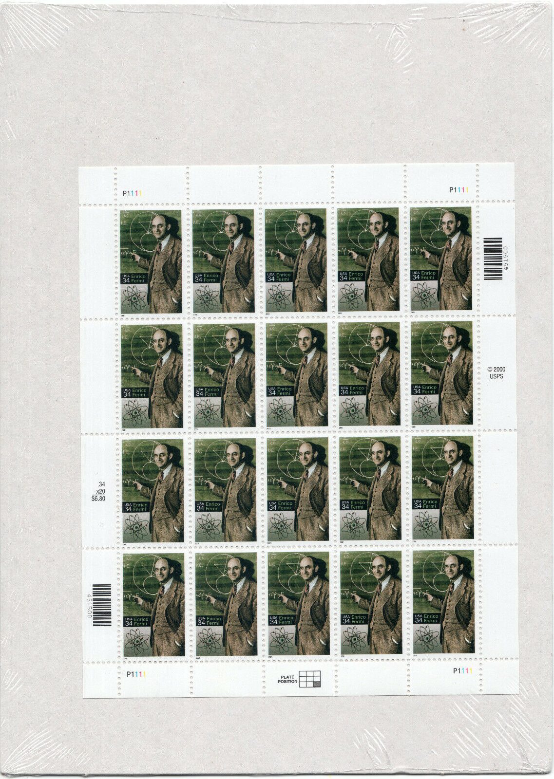 Scott #3533 Enrico Fermi (Particle Physics) Sheet of 20 Stamps - Sealed