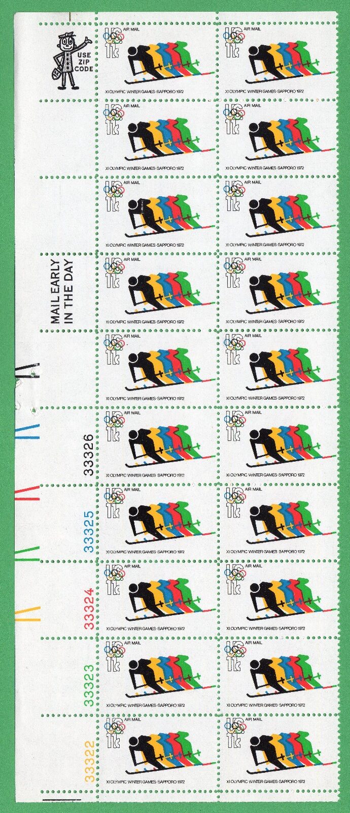 Scott #c85 Olympic Skiing Airmail Plate Block of 20 Stamps - MNH LL
