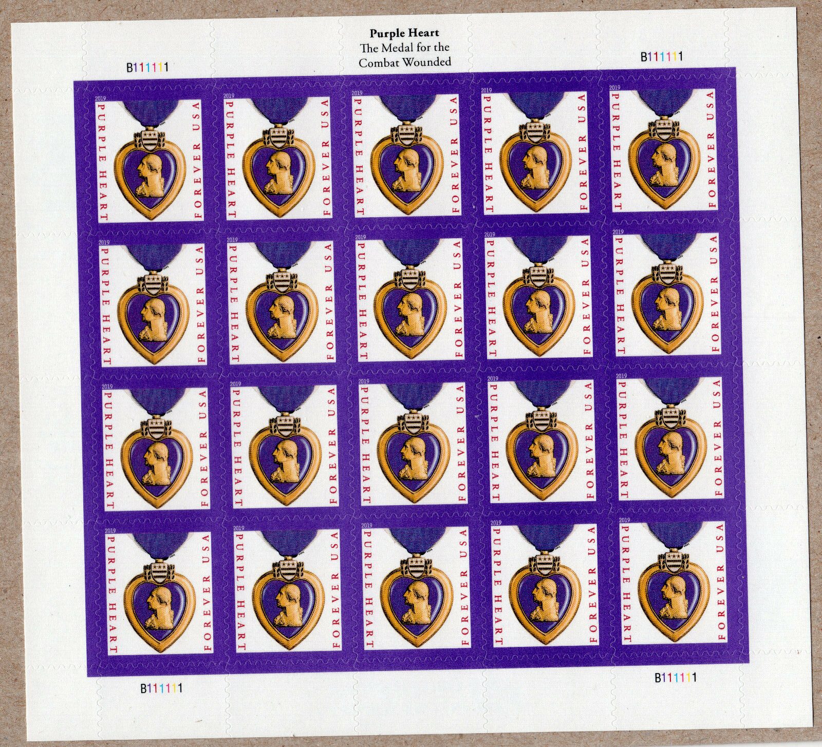 Scott #5419 Purple Heart (VFW, 2019) Full Sheet of 20 Forever Stamps - MNH