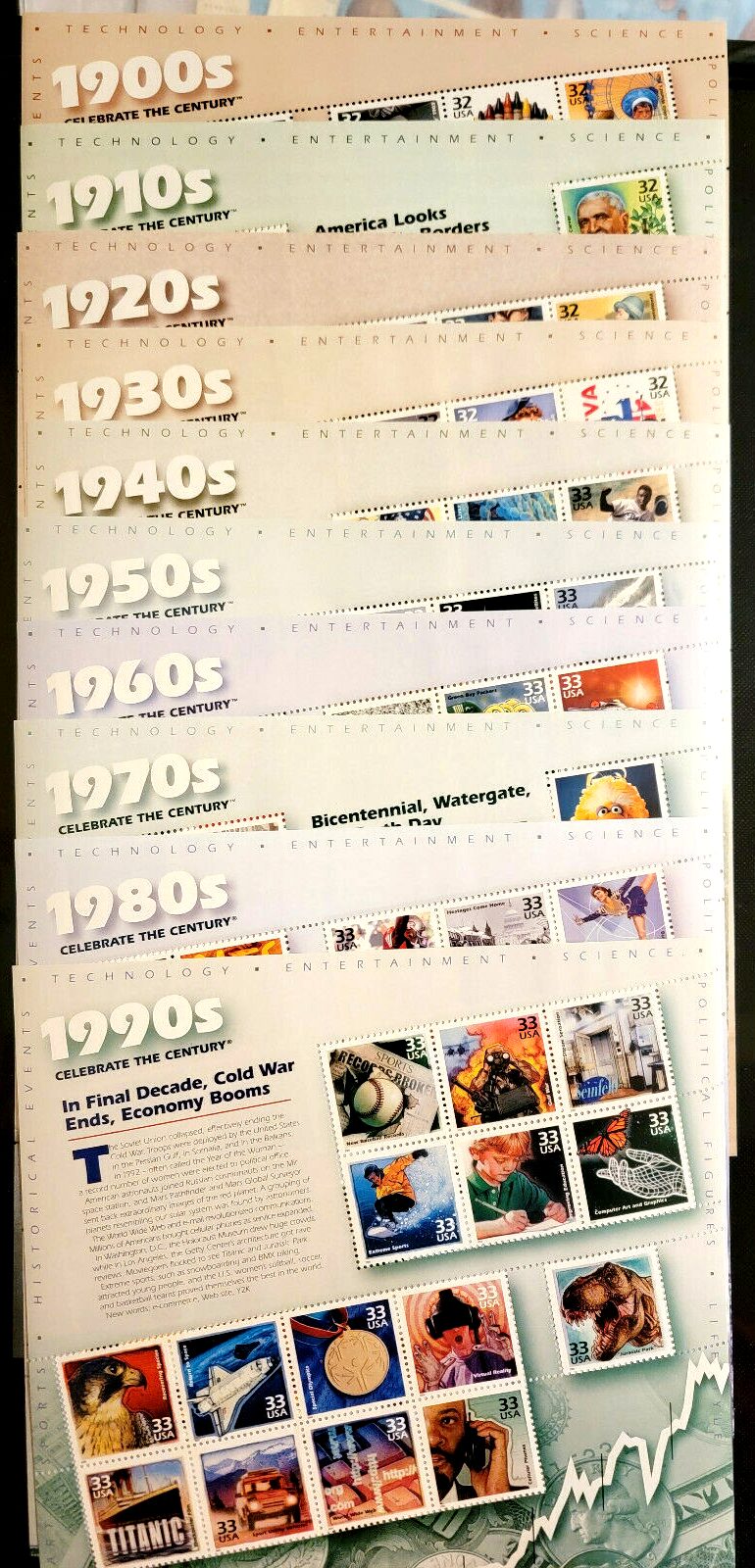 Scott #3182-3191 32¢ & 33¢ Celebrate the Century Complete Set of 10 Sheets - MNH