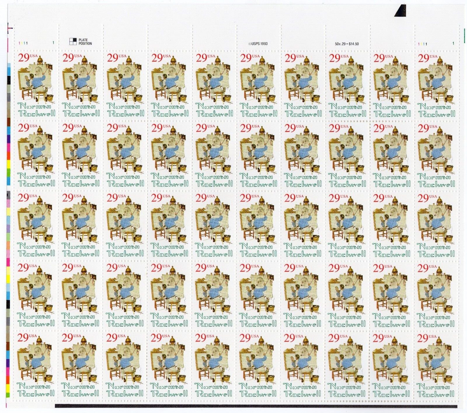 Scott #2839 Norman Rockwell Full Sheet of 50 Stamps - MNH P#111-1 UR