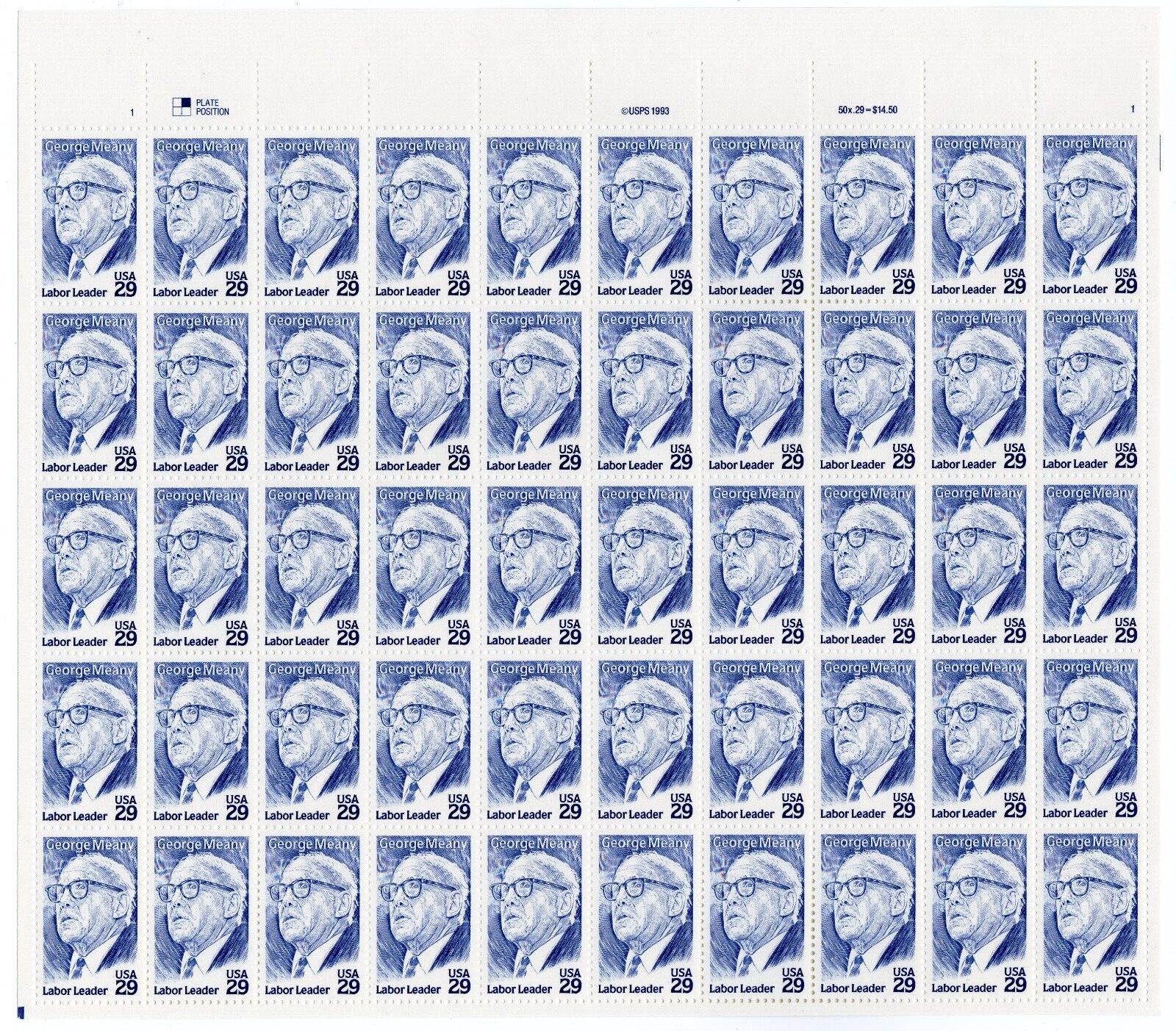 Scott #2848 George Meany Sheet of 50 Stamps - MNH UR