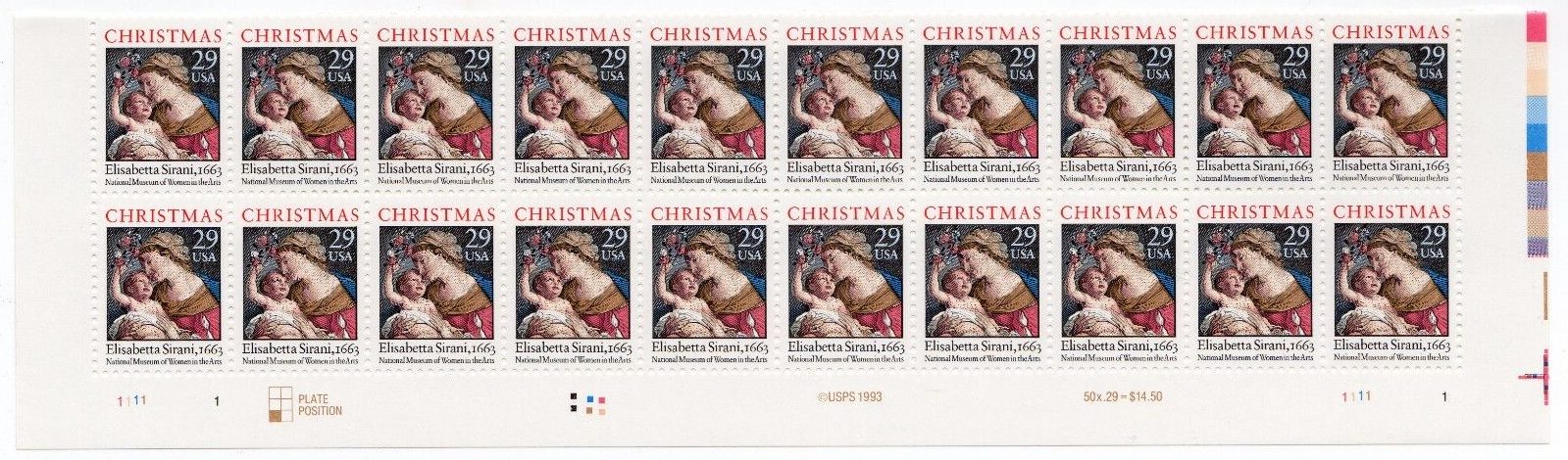 Scott #2871 Madonna & Child (Sirani) Plate Block of 20 Stamps - MNH P#1111-1