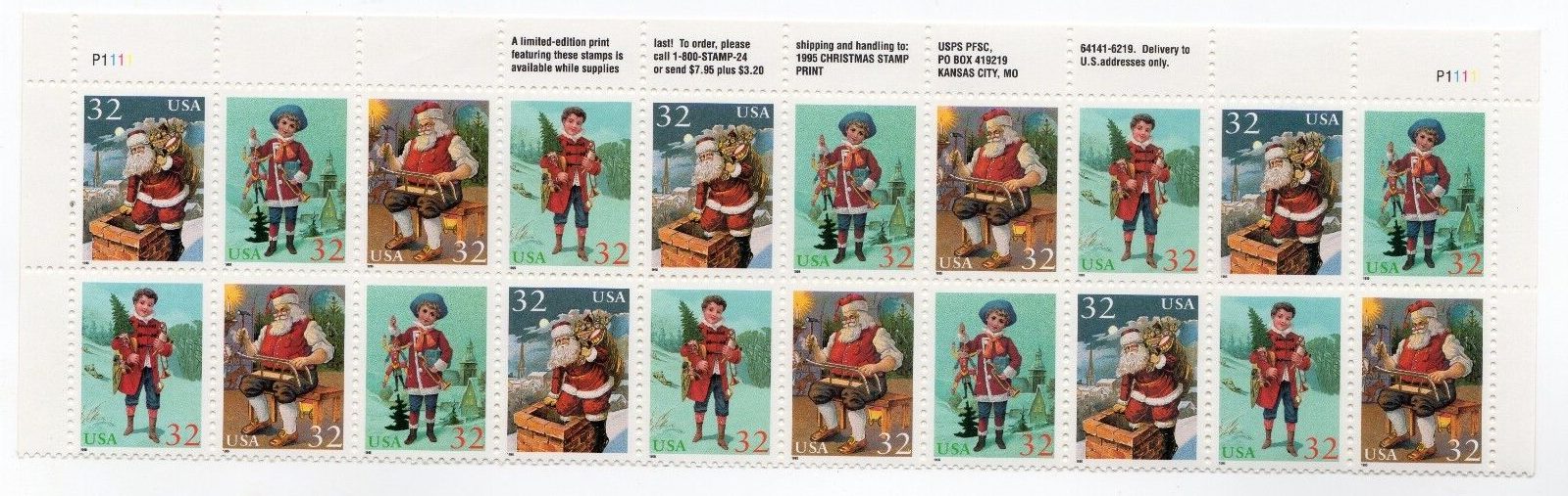 Scott #3004-3007a Santa & Boy Plate Block Of 20 Stamps - MNH P#P1111 Top