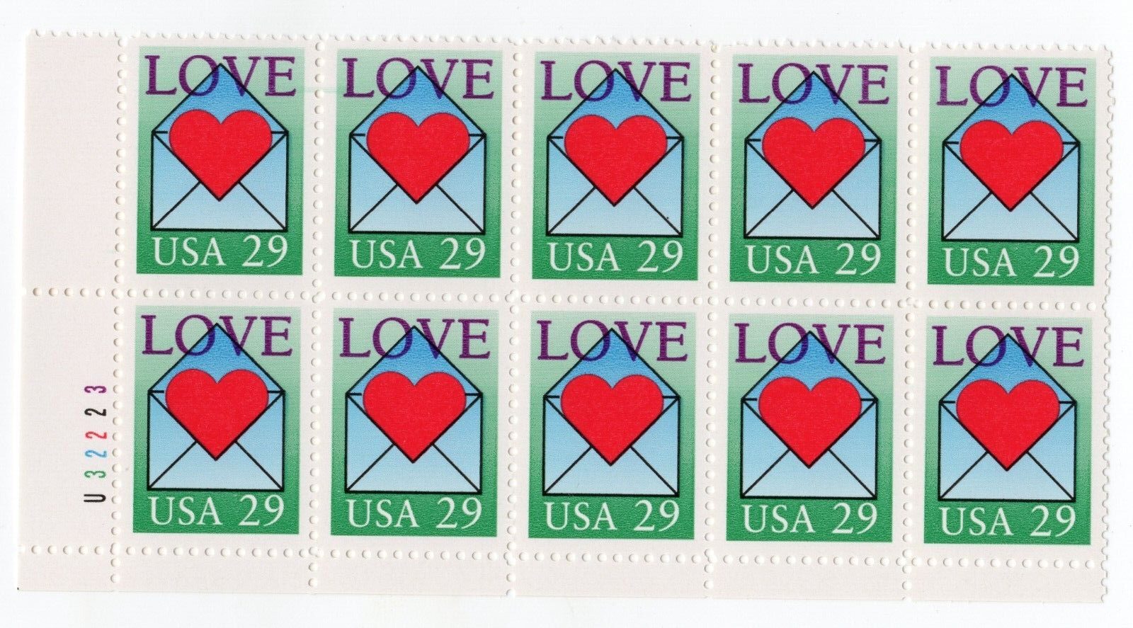 Scott #2618 Heart in Envelope Plate Block of 10 Stamps - MNH P#U32223 LL