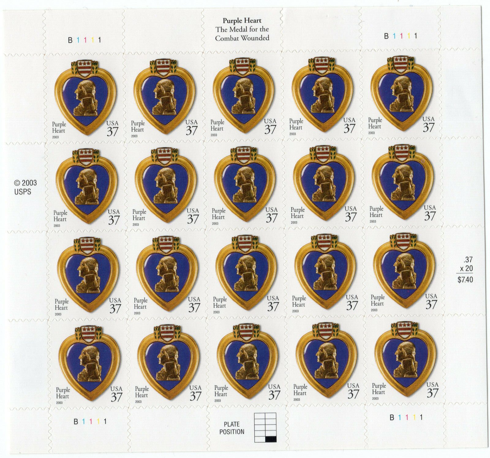Scott #3784 Purple Heart Sheet of 20 Stamps - MNH