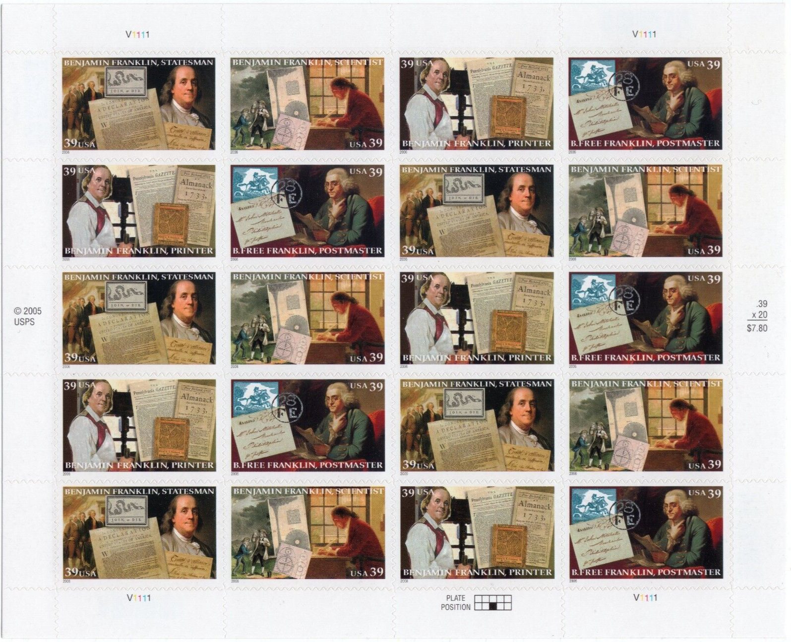 Scott #4024a (4021-24) Ben Franklin Sheet of 20 Stamps - MNH
