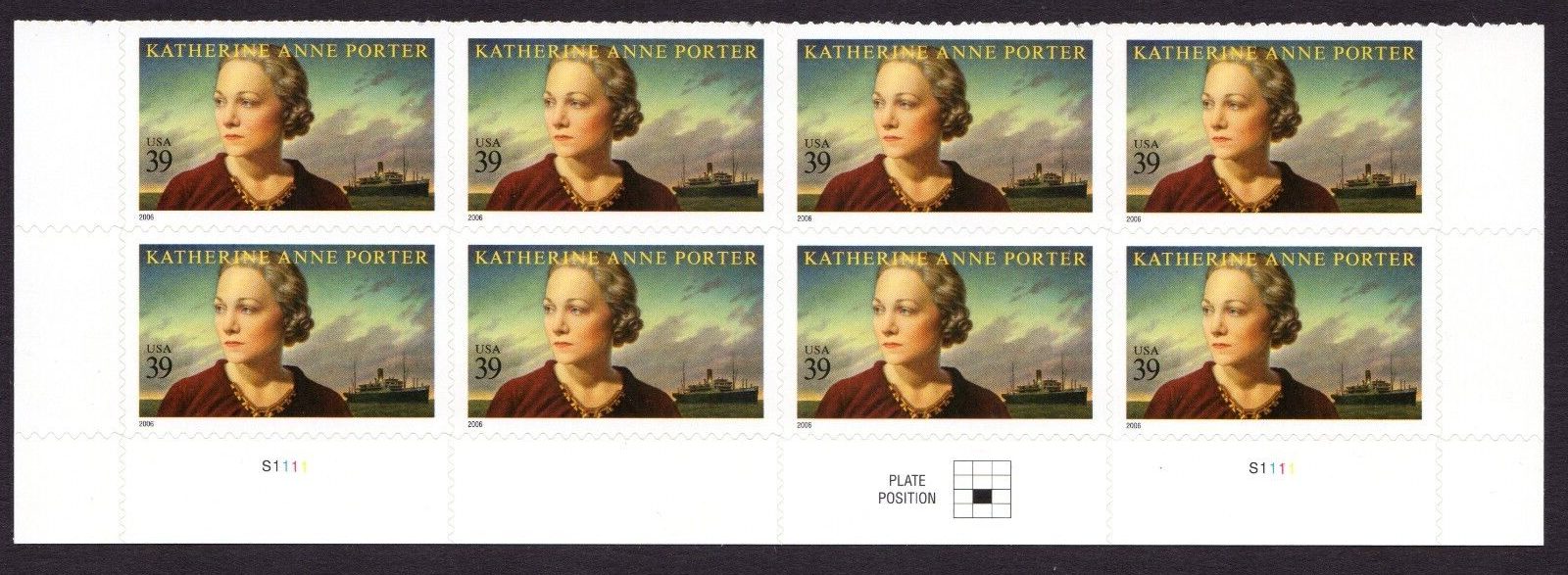 Scott #4030 Katherine Anne Porter Plate Block of 8 Stamps - MNH Bottom