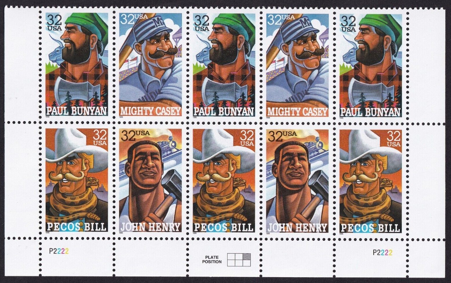 Scott #3086a Folk Heroes Plate Block of 10 Stamps - MNH Bottom