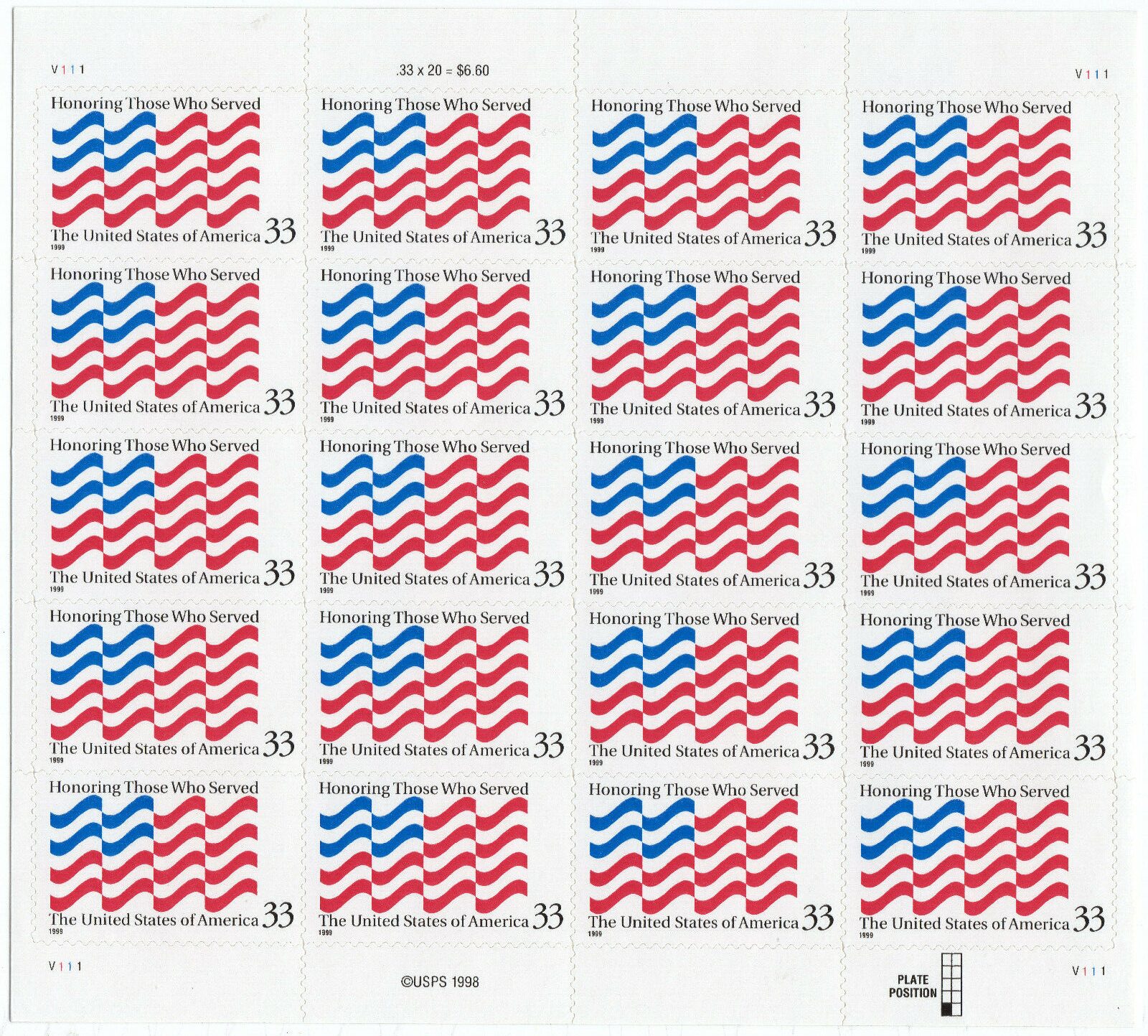 Scott #3331 Honoring Those Who Served Sheet of 20 Stamps - MNH