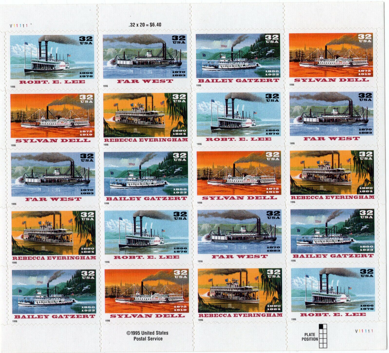Scott #3095a(3091-95) RiverBoats (Early Cruise Ships) Sheet of 20 Stamps - MNH