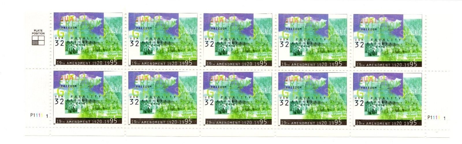 Scott #2980 19th Amendment (Woman's Rights) Plate Block of 10 Stamps MNH Bottom