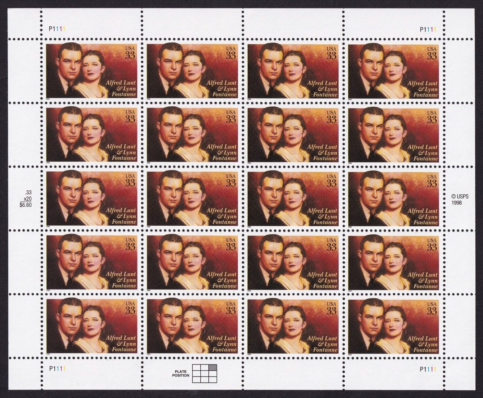 Scott #3287 Alfred Lunt and Lynn Fontanne Full Sheet of 20 - MNH
