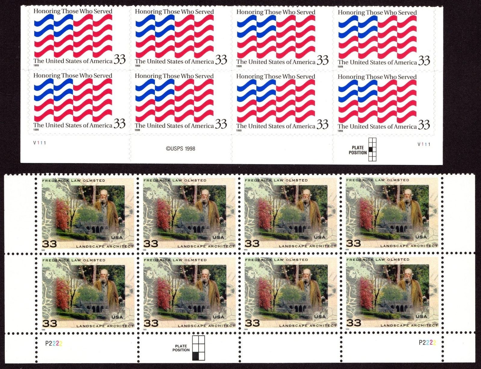Scott #3331-3338 Honoring Those Who Served Olmsted Plate Block of 8 Stamps - MNH