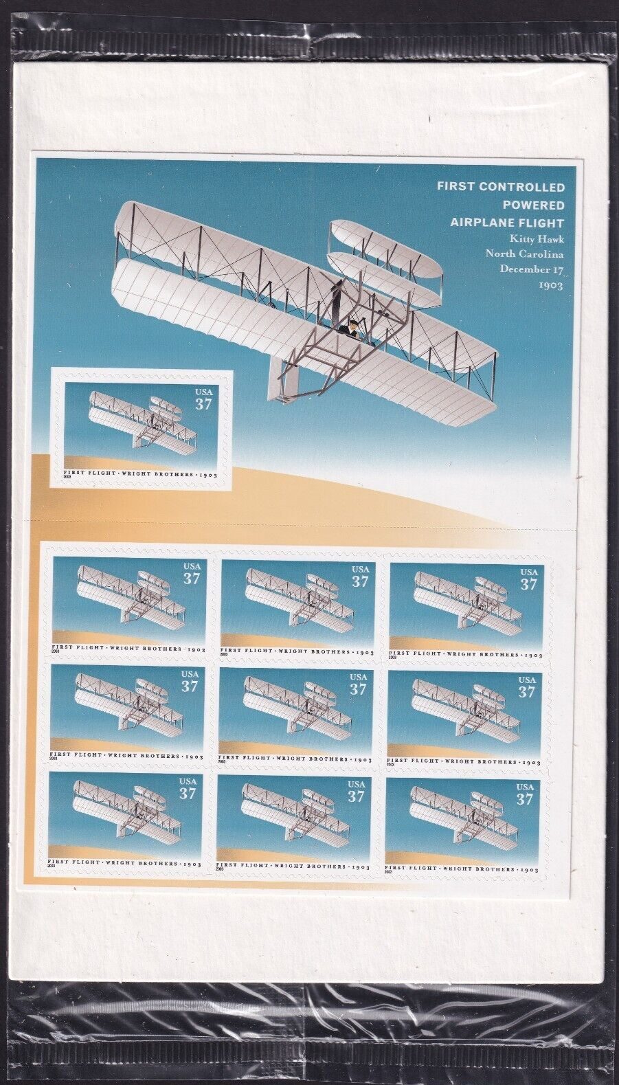 Scott #3783 FIRST FLIGHT (Wright Bros) Souvenir Sheet of 10 Stamps Sealed White