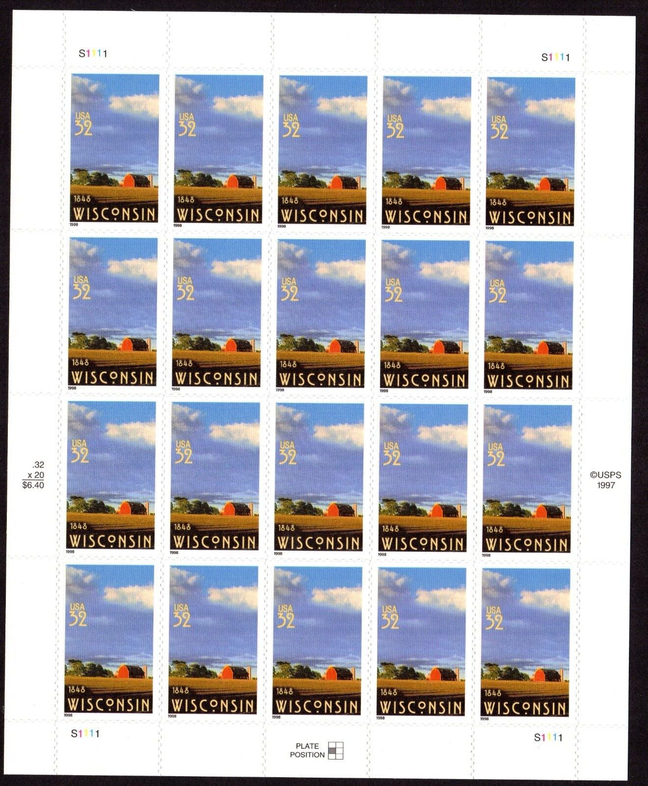 Scott #3206 Wisconsin Sheet of 20 32¢ Stamps - MNH