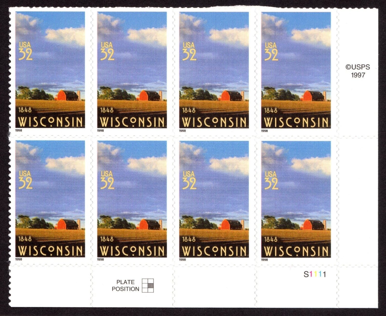 Scott #3206 Wisconsin Plate Block of 8 Stamps - MNH LR