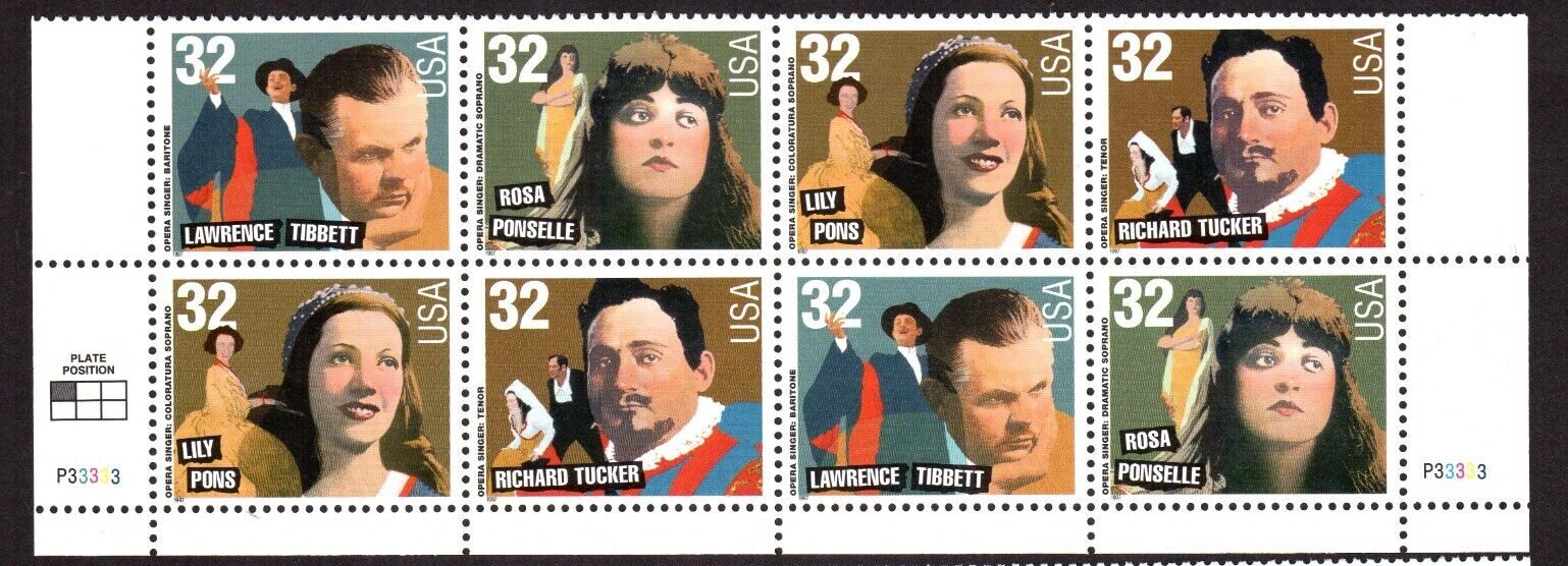 Scott #3154-3157a Opera Singers Plate Strip (Block) of 8 Stamps - MNH Bottom