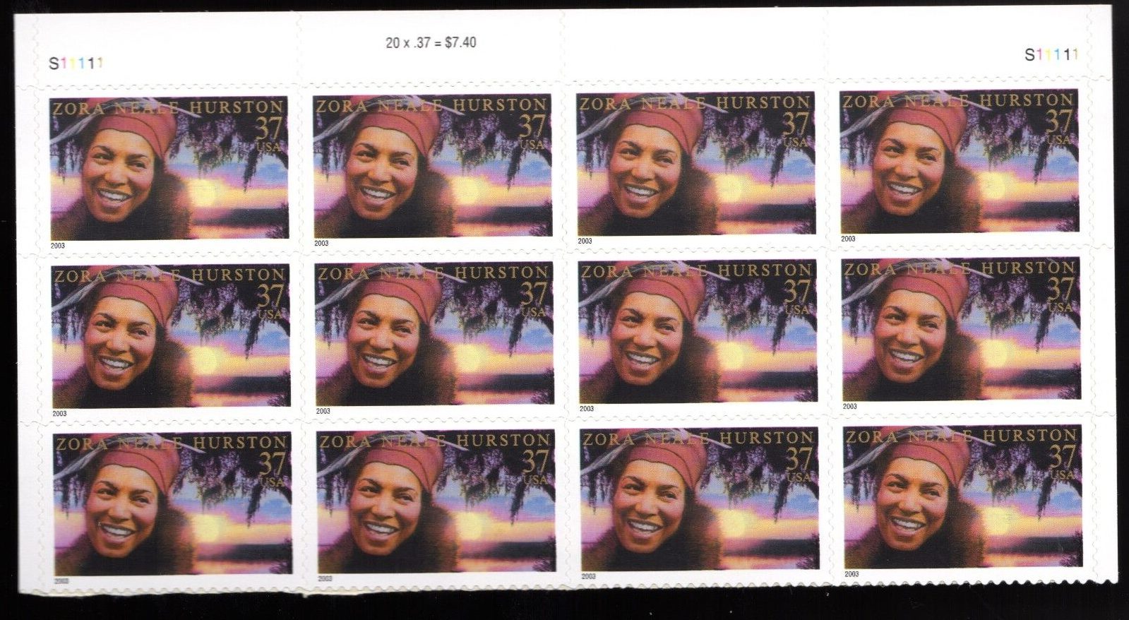 Scott #3748 Zora Neale Hurston (Black Heritage) Plate Block of 12 Stamps MNH Top