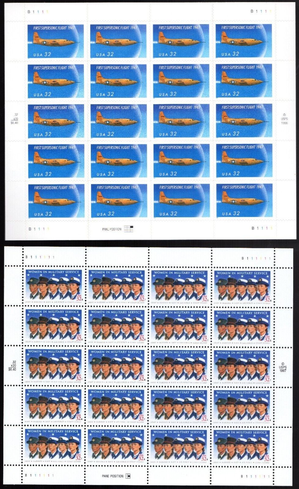 Scott #3173-3174 Supersonic Jet Women in Military Sheet of 20 Stamps - MNH