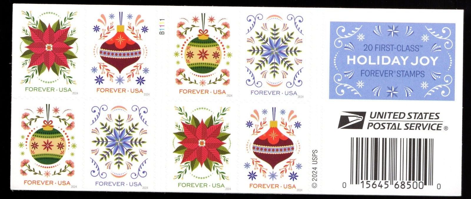 USPS Holiday Joy Ornaments Booklet Pane of 8 Stamps - MNH In stock