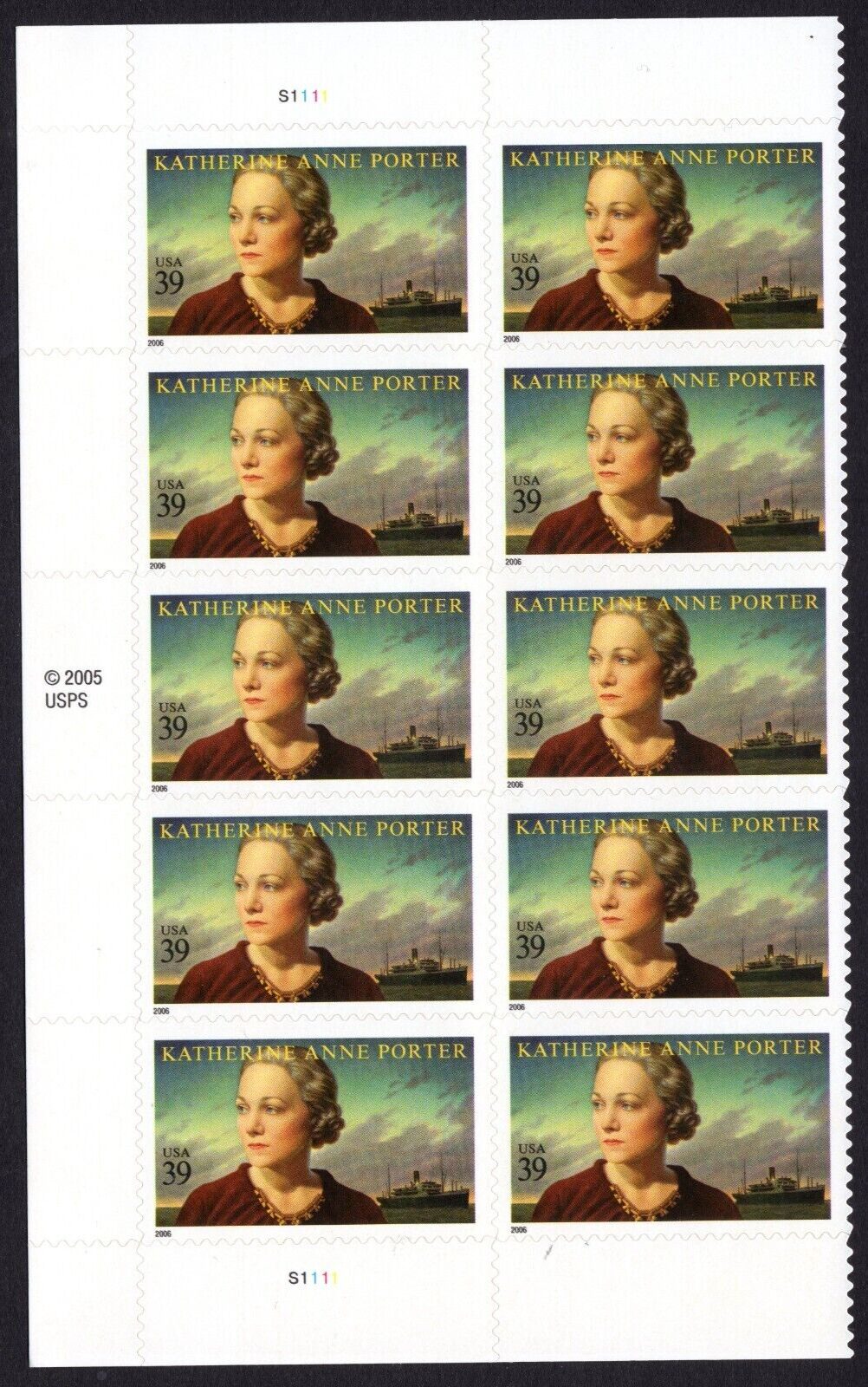 Scott #4030 Katherine Anne Porter Plate Block of 10 Stamps - MNH Left