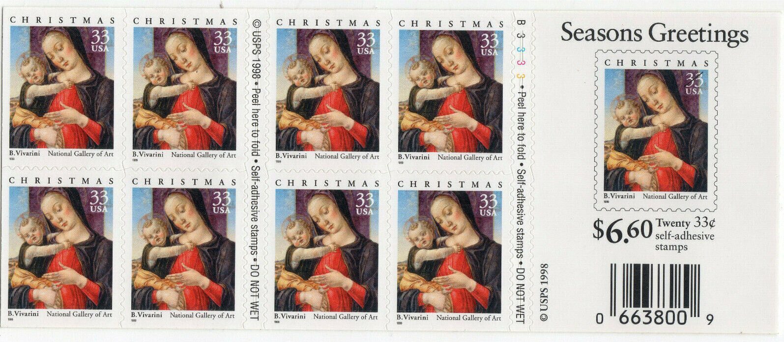 Scott #3355a 33¢ Madonna & Child (Vivarini) Booklet of 8 Stamps - MNH P#B3333