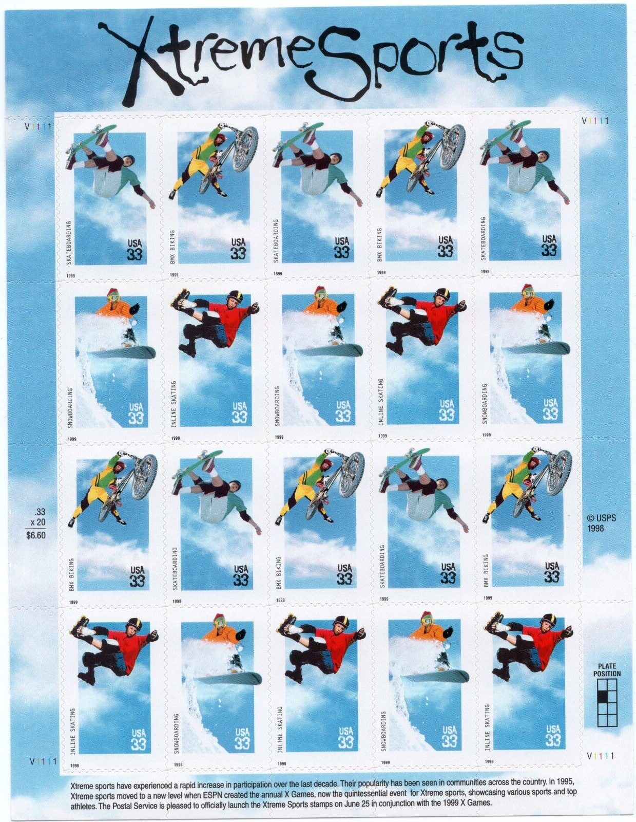 Scott #3324a (3321-3324) Xtreme Sports Sheet of 20 Stamps - MNH