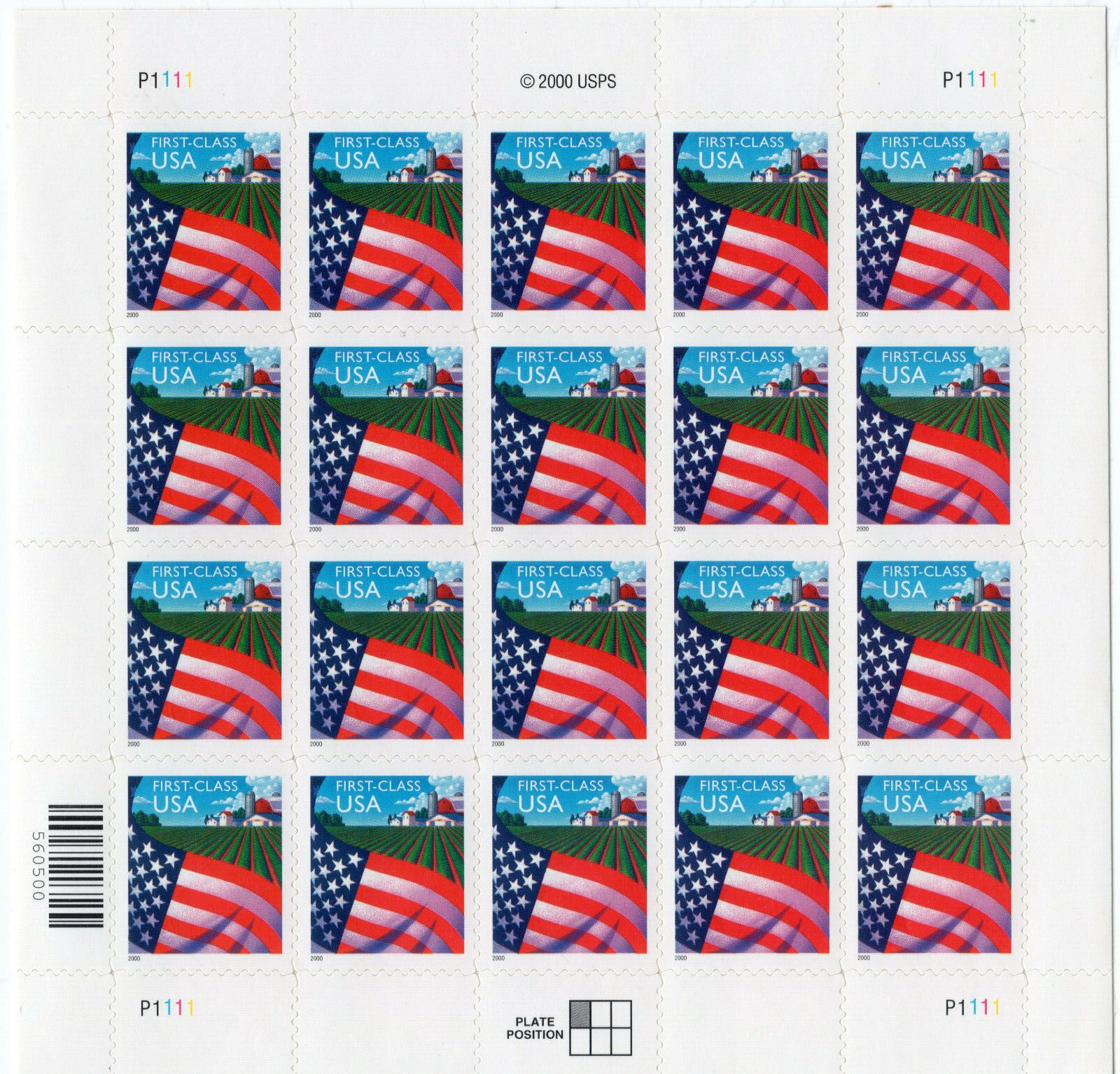 SCOTT #3449 Flag over Farm Complete Sheet of 20 Stamps - MNH