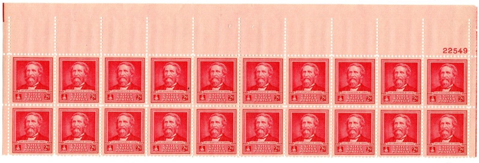 Scott #875 Dr. Crawford W. Long Plate Block of 20 Stamps - MNH P#22549