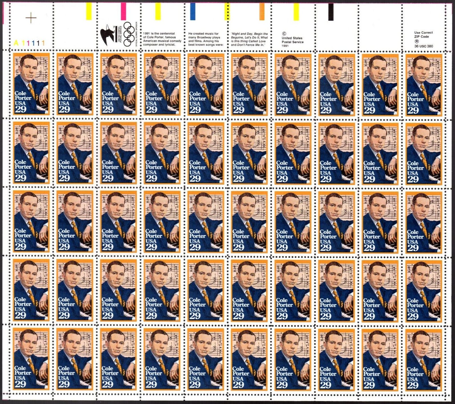Scott #2550 Cole Porter Full Sheet of 50 Stamps - MNH