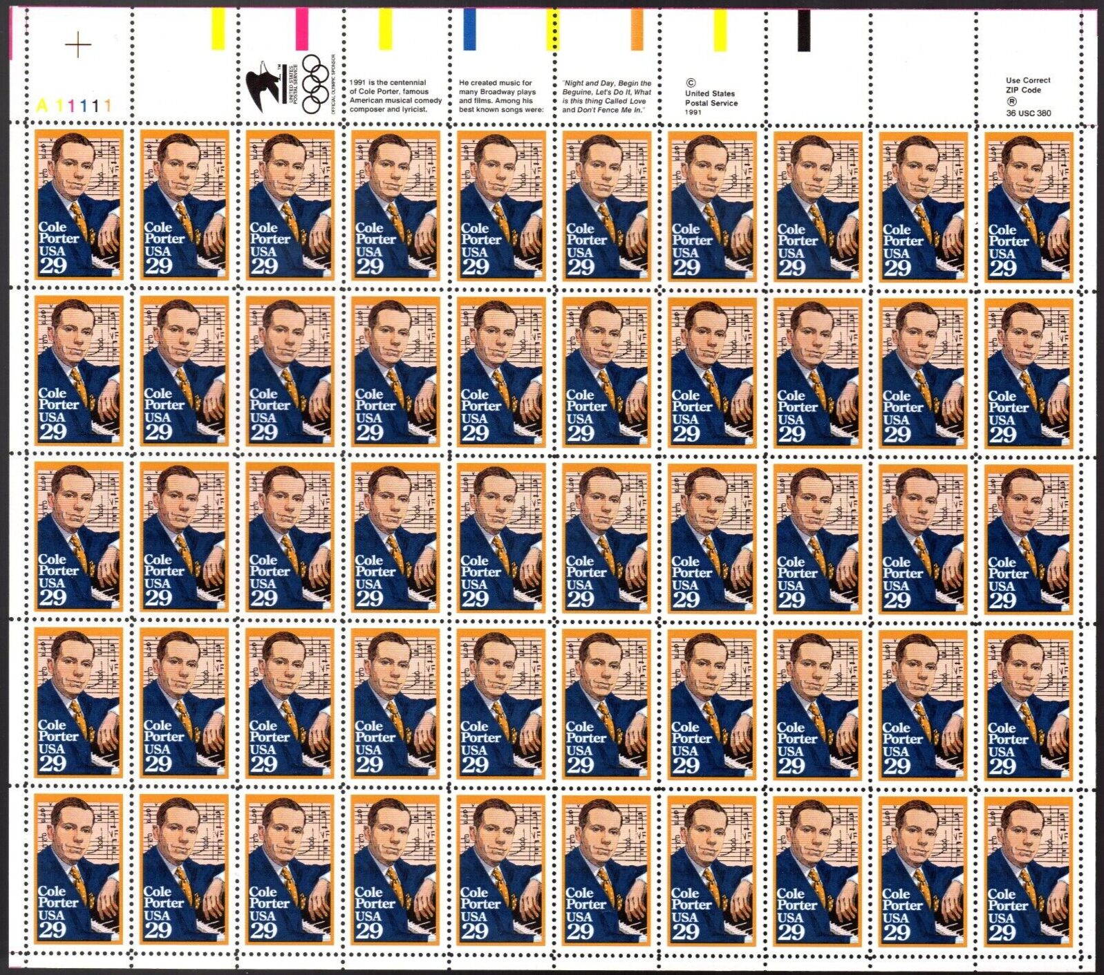Scott #2550 Cole Porter Sheet of 50 Stamps - MNH