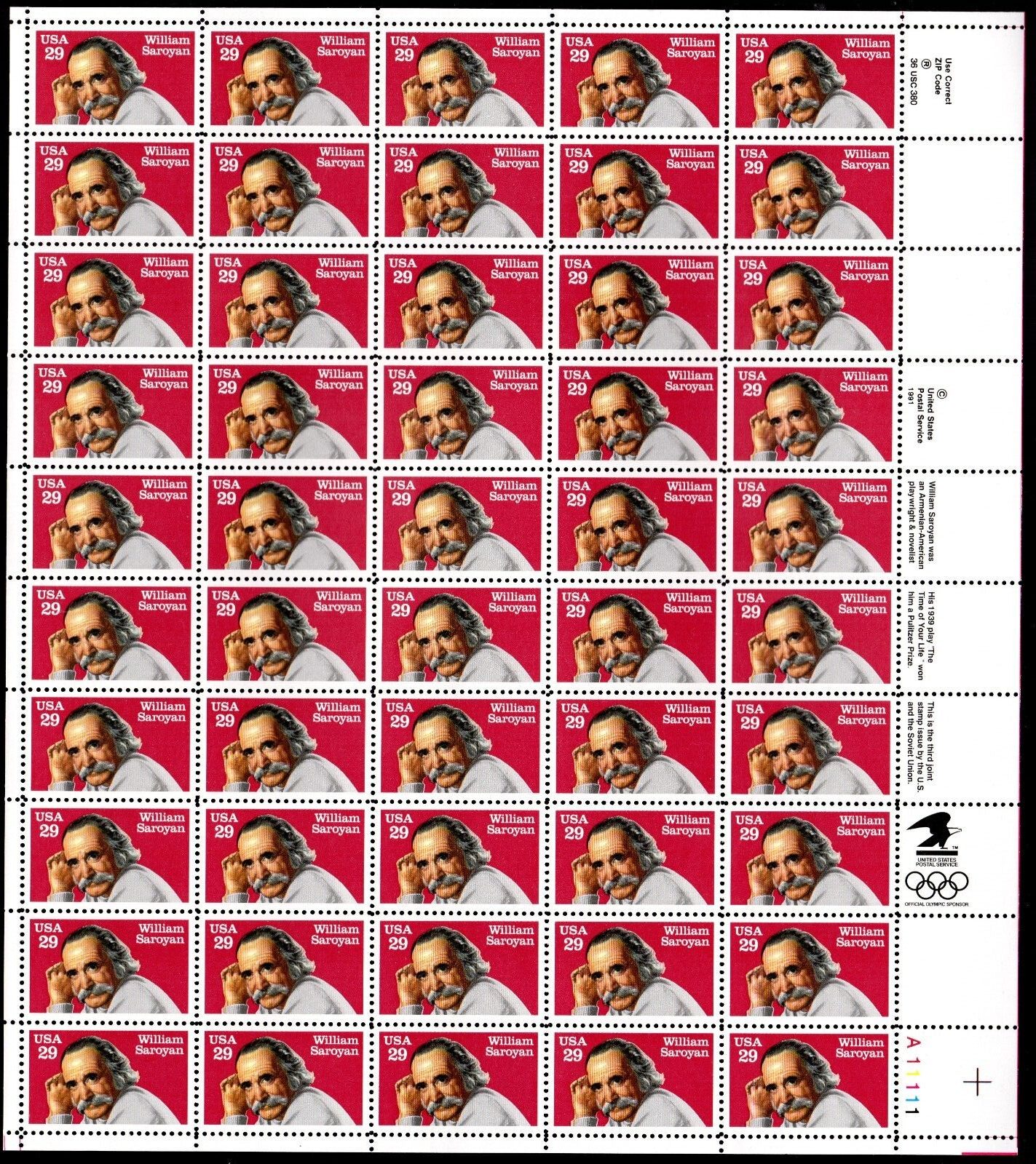 Scott #2538 William Saroyan Sheet of 50 Stamps - MNH