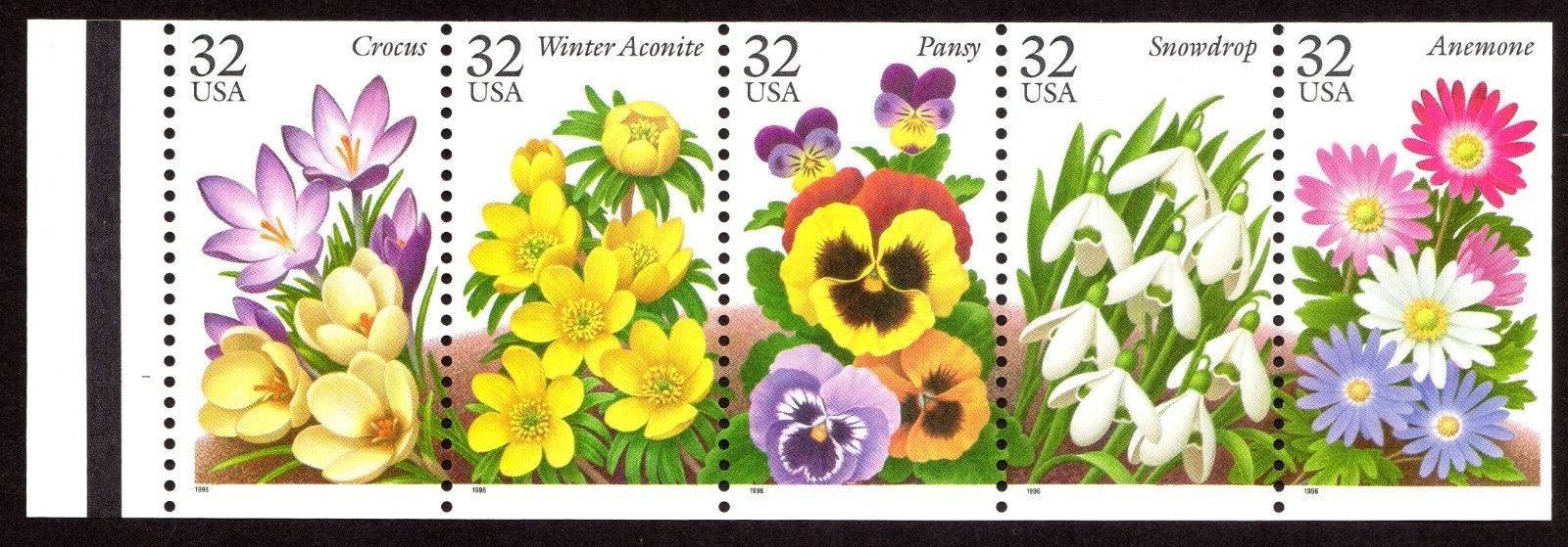 Scott #3029a (3025) - Garden Flowers Booklet Pane of 5 Stamps with Tab - MNH P#1
