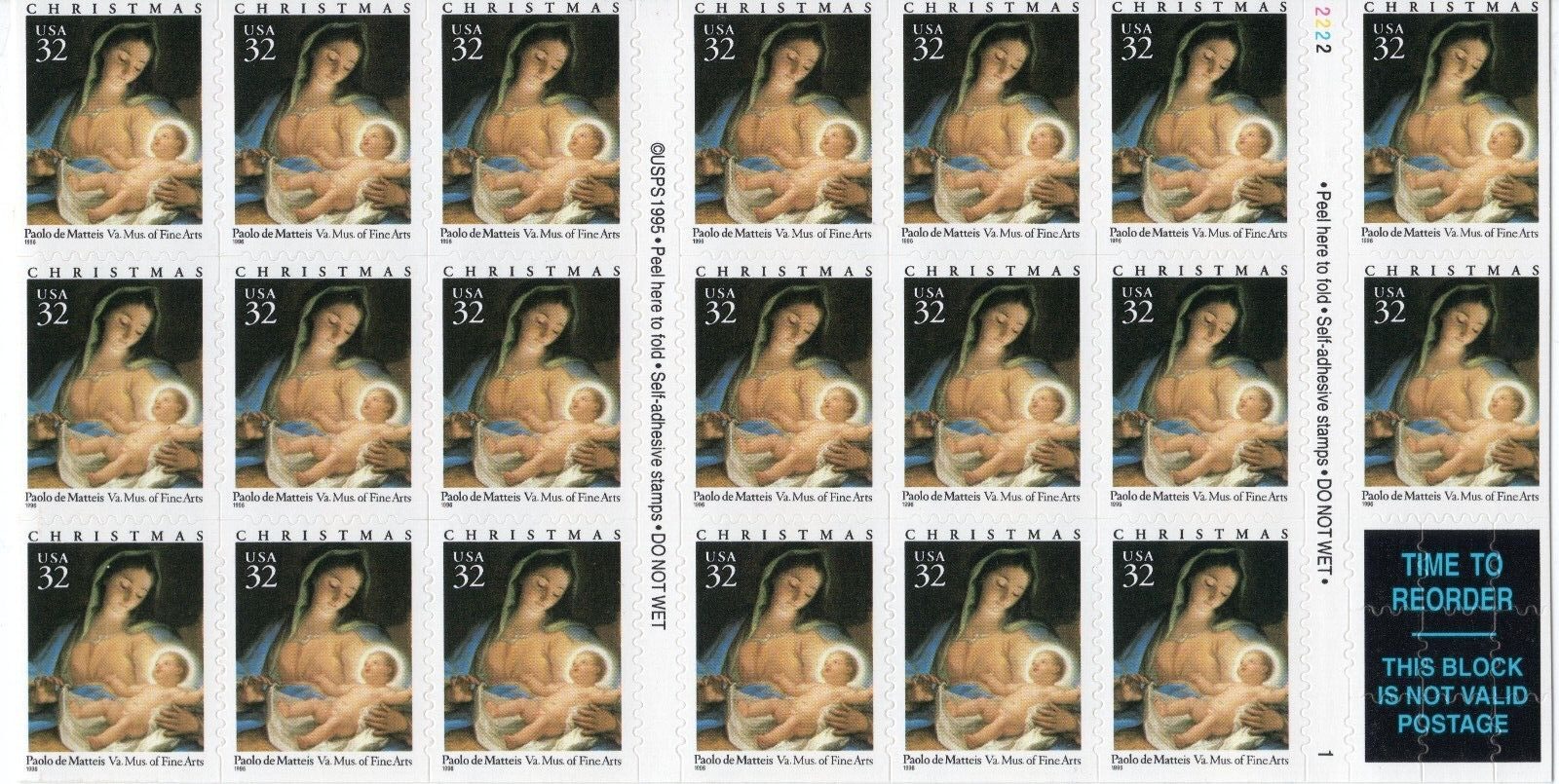 Scott #3112a MADONNA & CHILD (Matteis) Booklet of 20 Stamps - MNH P#2222-1