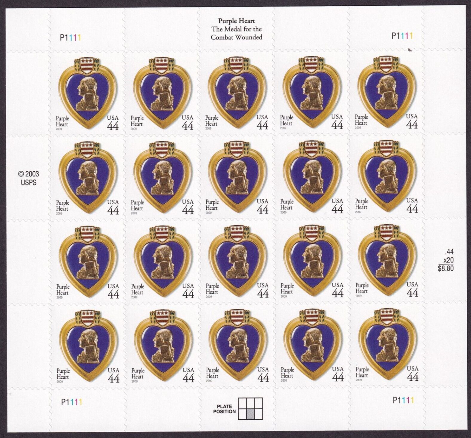 Scott #4390 Purple Heart Sheet of 20 Stamps - MNH